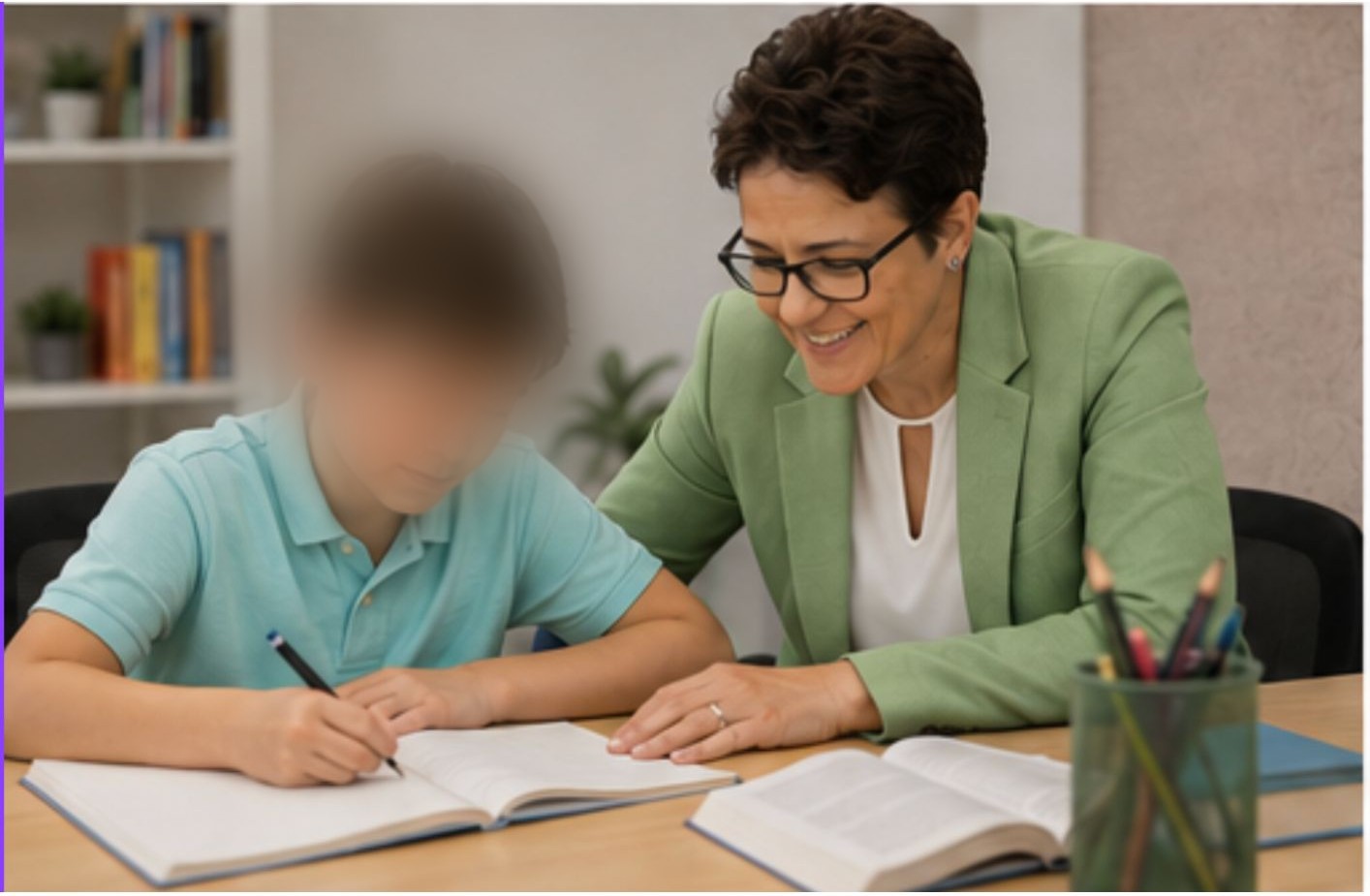 Nikki working through a workbook one to one with a student